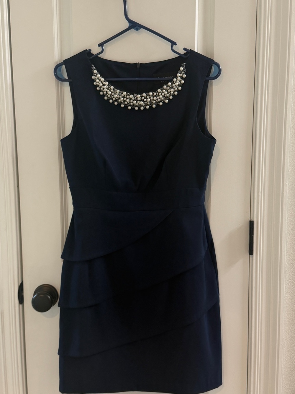 Connected Petite Navy Blue Cocktail Dress Pearl Beaded Neckline, Size 8P